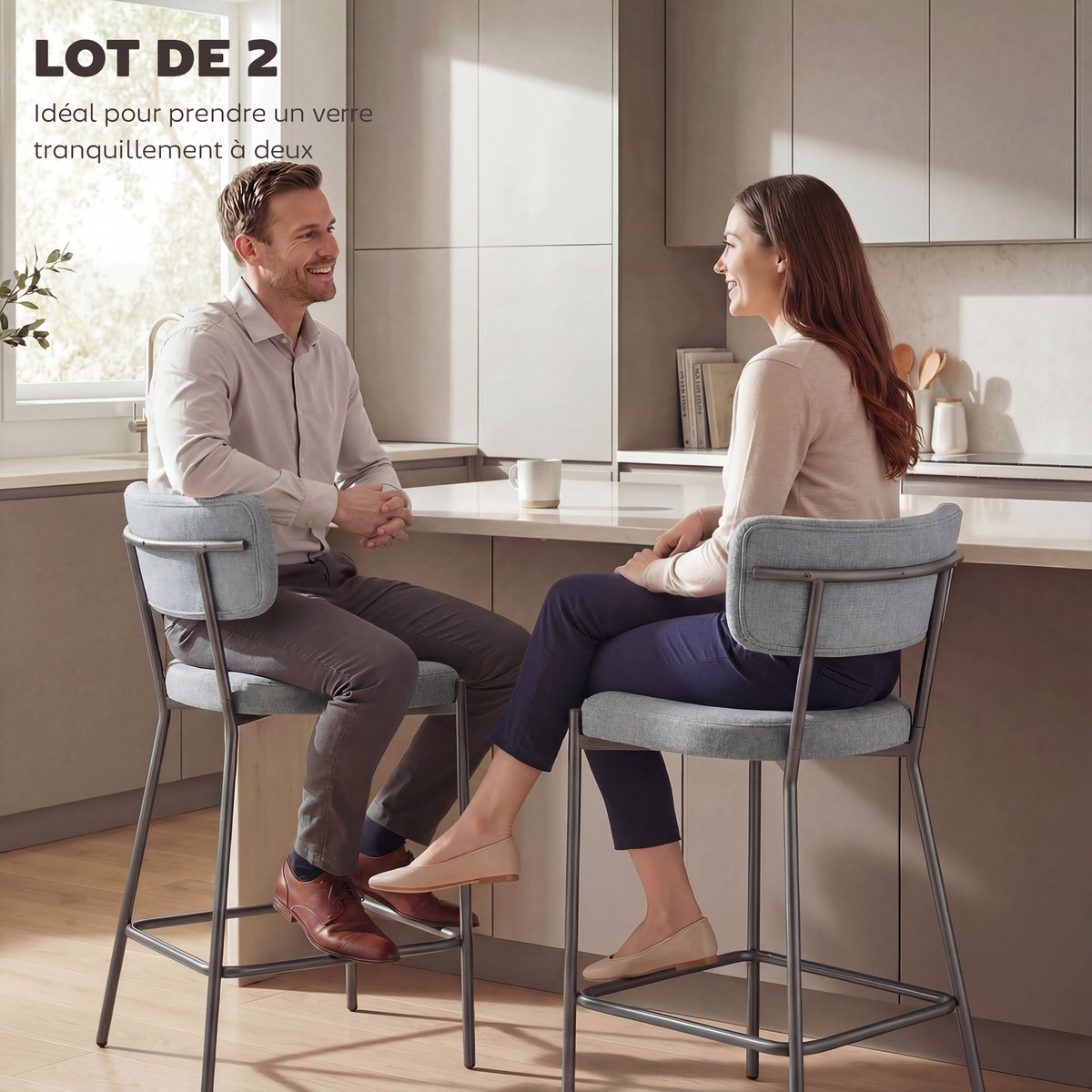 Tabouret de bar Tissu effet lin (100 % gris clair, HOMCOM