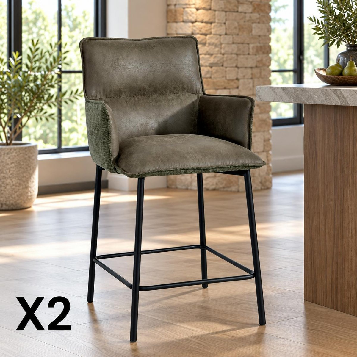 Tabouret de bar avec dossier bi-matière (lot de 2) KERALA vert, PIER IMPORT