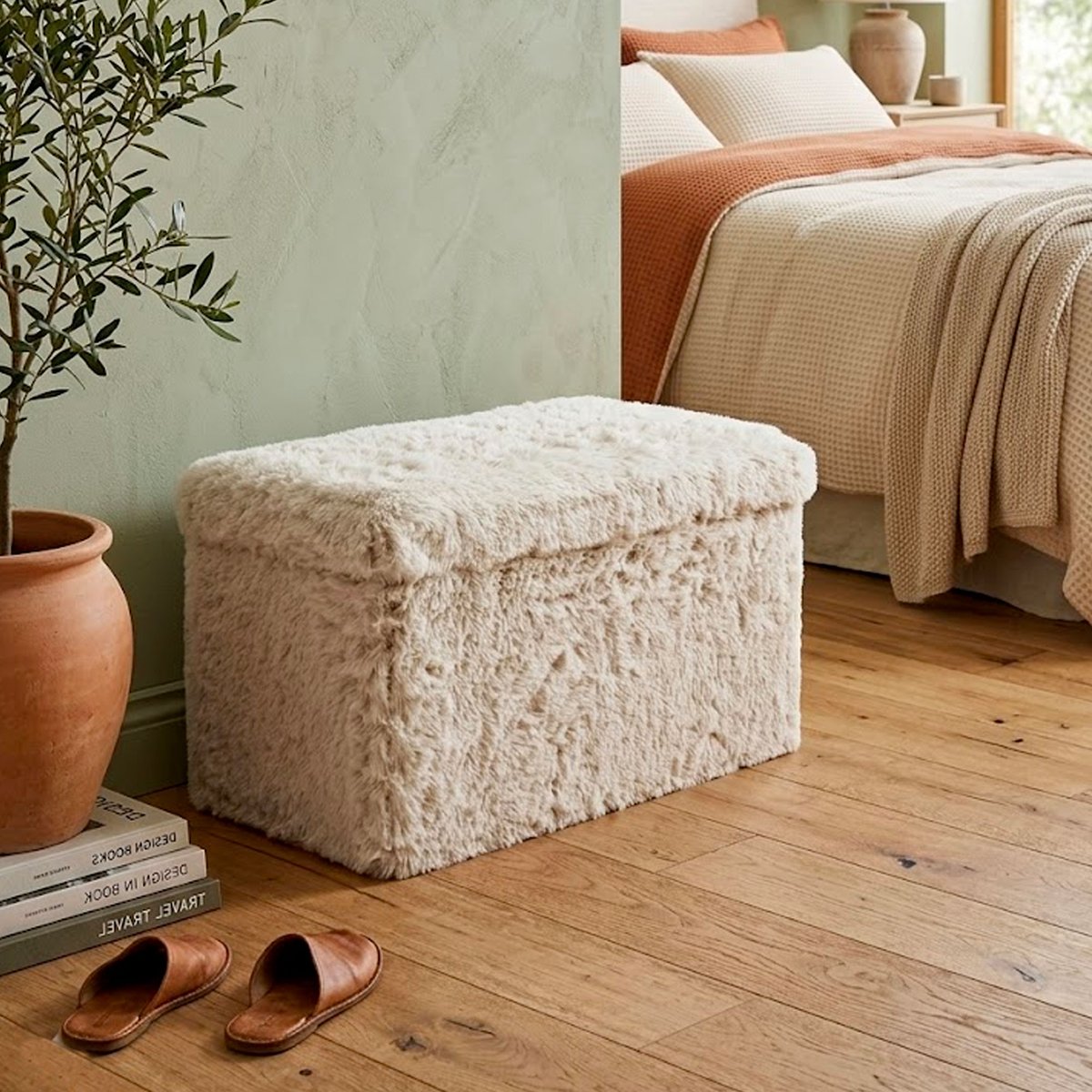 Banquette coffre de rangement moumoute beige 76x38x38cm beige, WADIGA