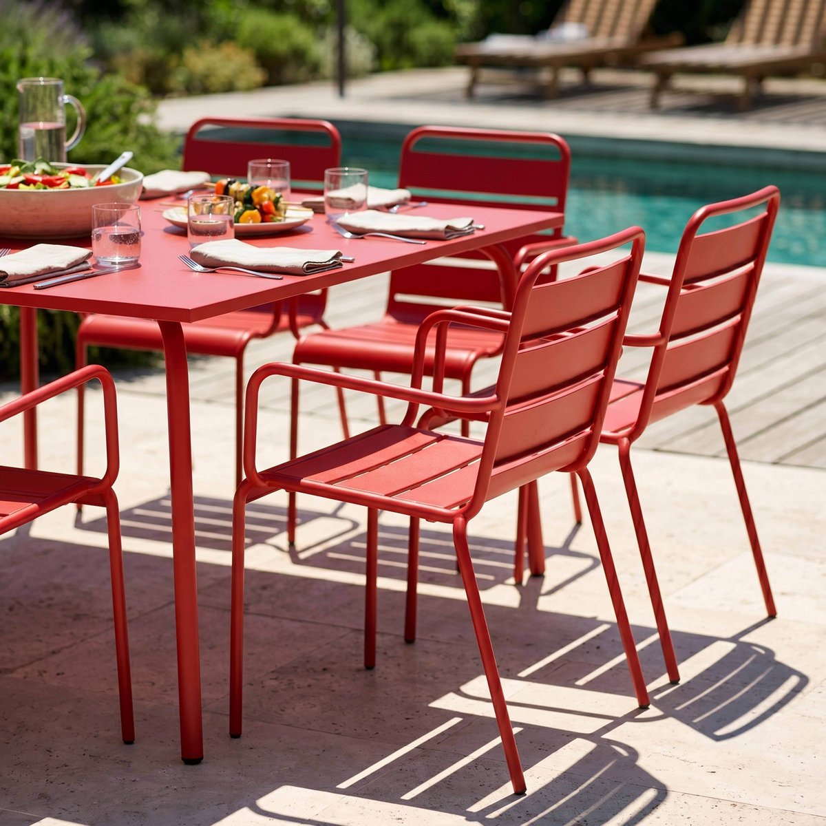 Salon de jardin table carrée et 8 fauteuils en métal, PALAVAS rouge, OVIALA