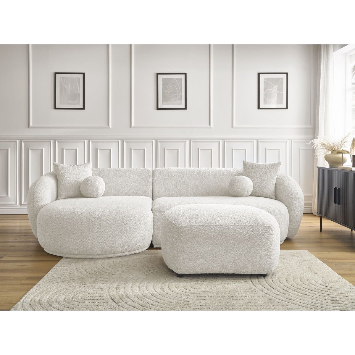 Canapé d'angle fixe 4 places en tissu bouclette avec pouf, ASHLEY blanc, BOBOCHIC