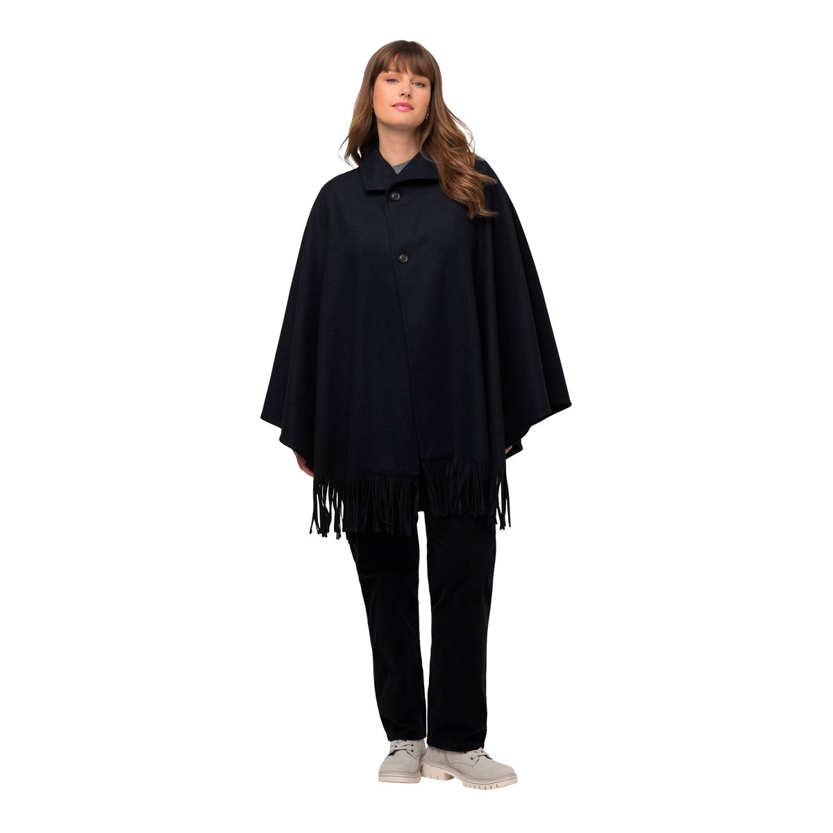 Poncho en laine mélangée à col montant et marine, ULLA POPKEN