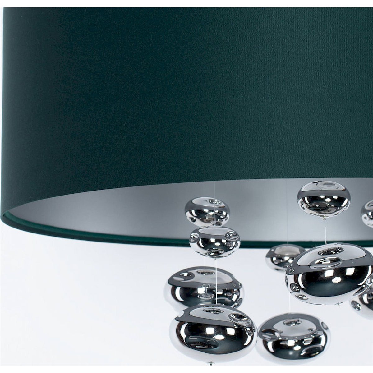 Suspension ronde en tissu avec boules argentées Bubble Light vert bouteille satin et argent mat, BPS KONCEPT
