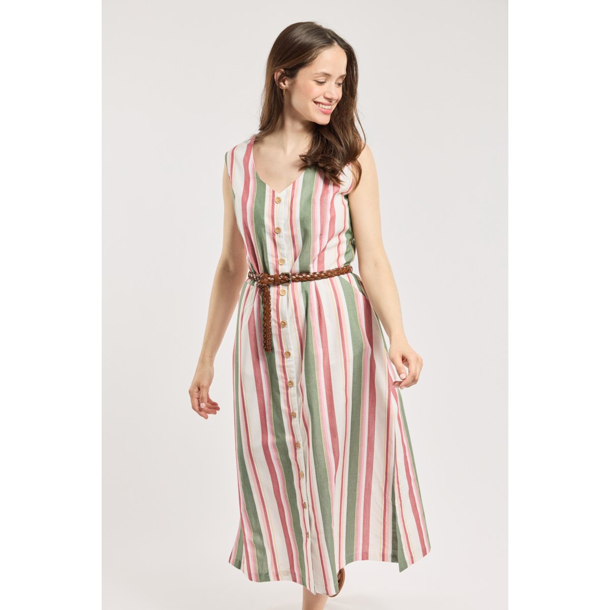 Robe longue rayée - coton rayures ecru/garnet/shadow, ARMOR-LUX