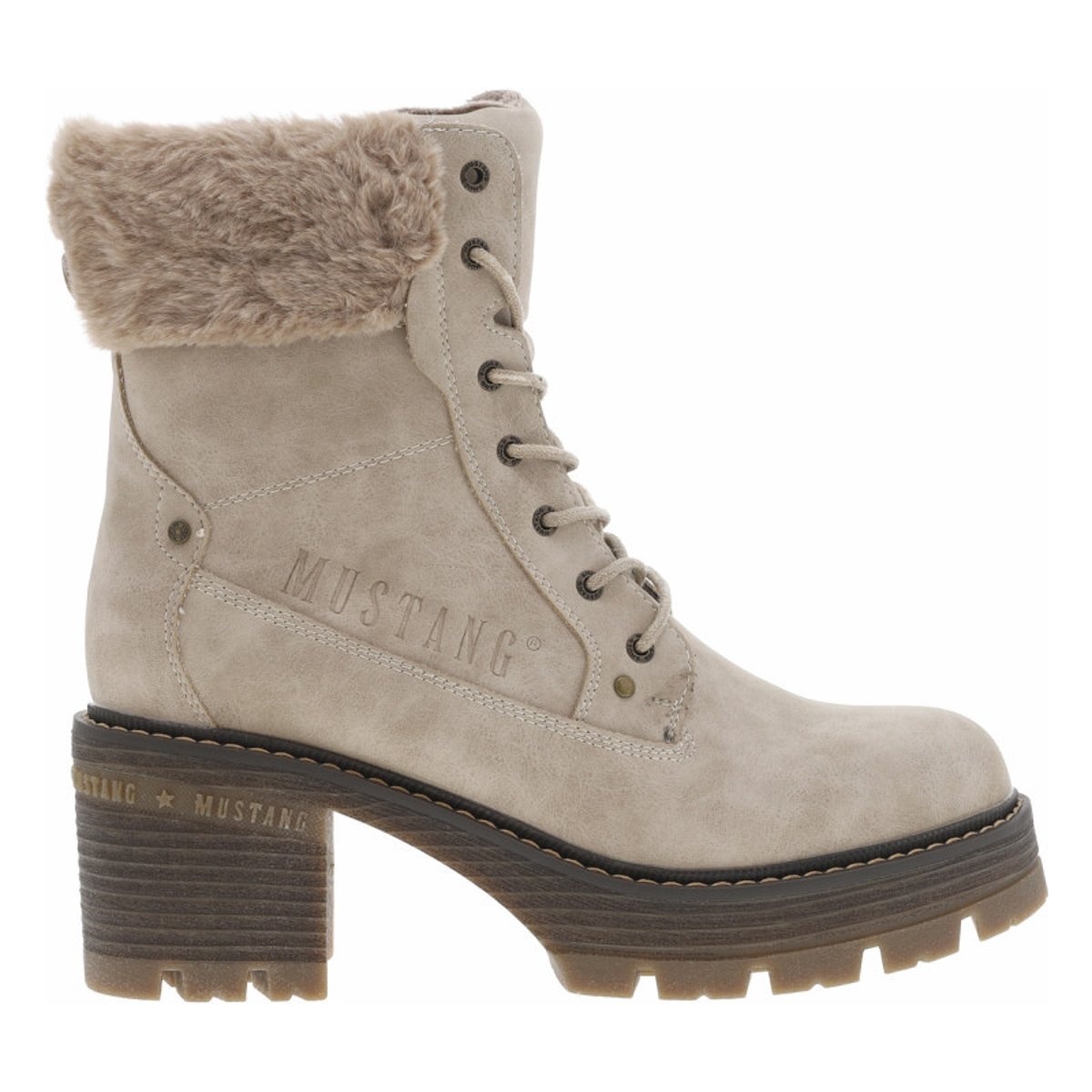 Bottines noisette à talon décroché moyen avec un zip et des lacets ronds taupe, MUSTANG