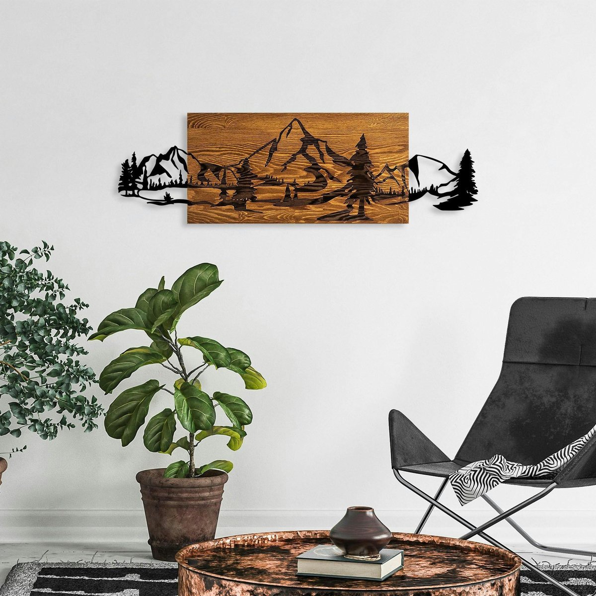 Décoration murale en métal et bois – paysage de montagne noir, PIER IMPORT