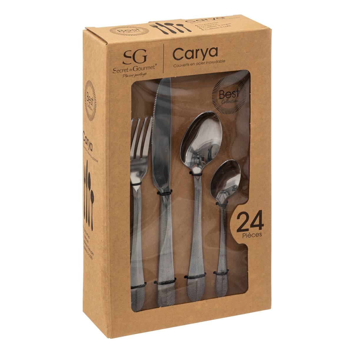 Ménagère 24 pièces en acier inoxydable CARYA transparent, SECRET DE GOURMET