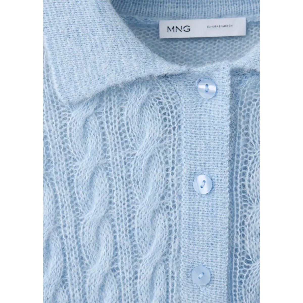 Pull tressé col polo bleu ciel, MANGO