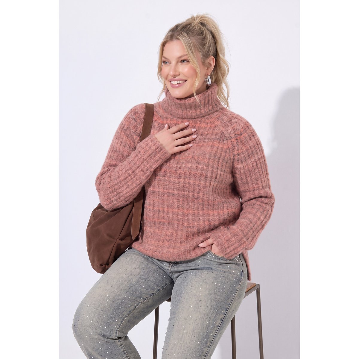 Pull en maille côtelée brun cannelle, ULLA POPKEN