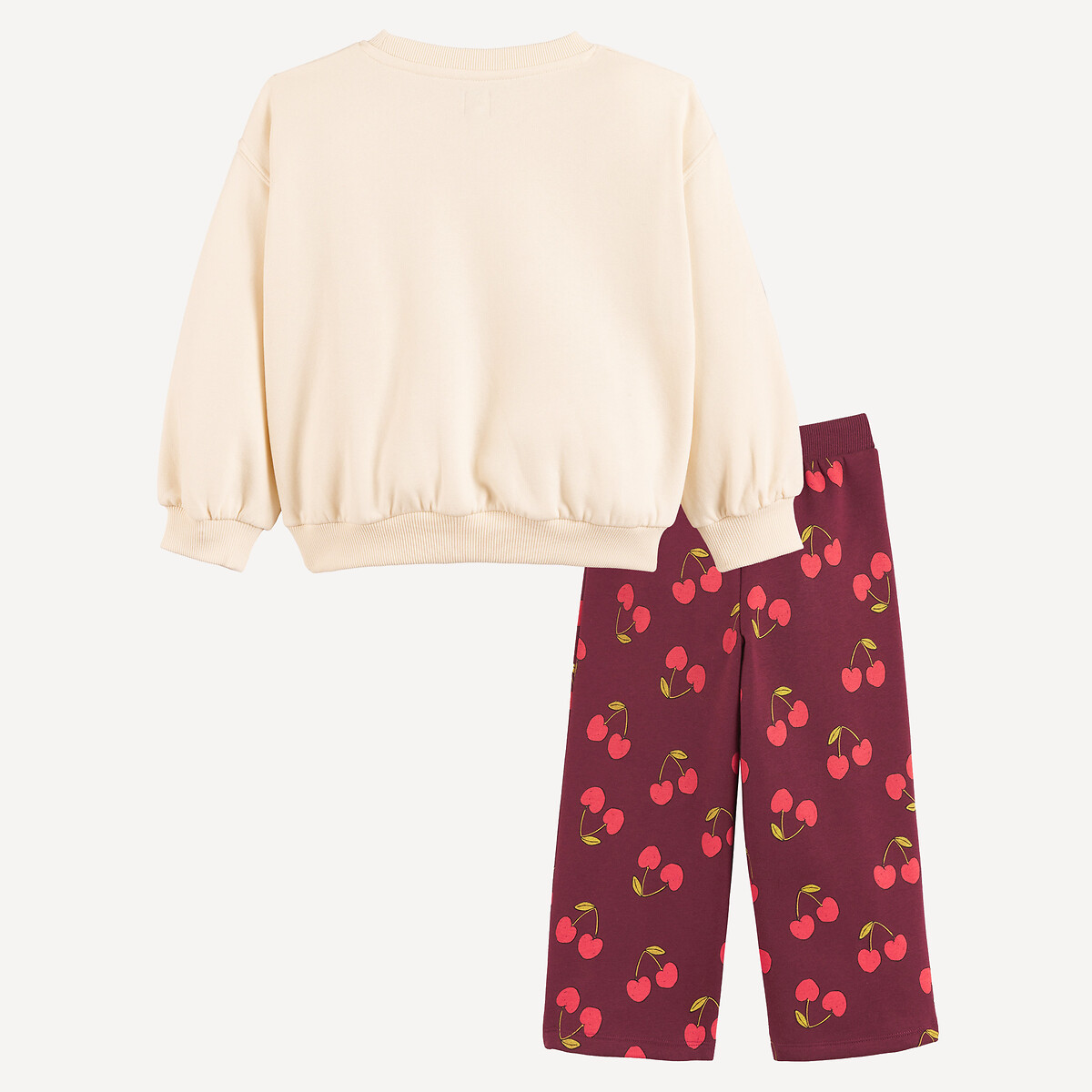 Ensemble 2 pièces, sweat col rond et pantalon large, motif cerises, en molleton ecru + marron, LA REDOUTE COLLECTIONS