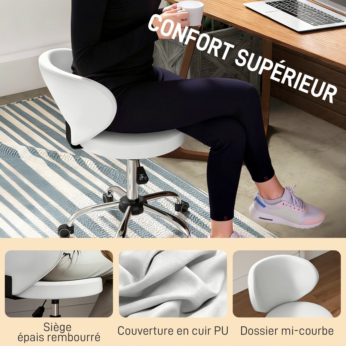 Tabouret de salon PU Blanc blanc, HOMCOM