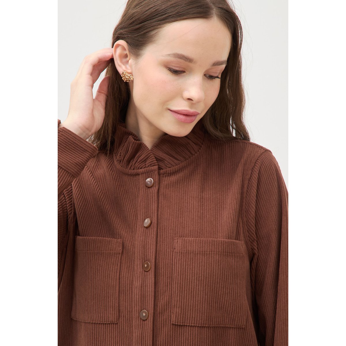 Robe velours manches longues col montant marron foncé, BONOBO