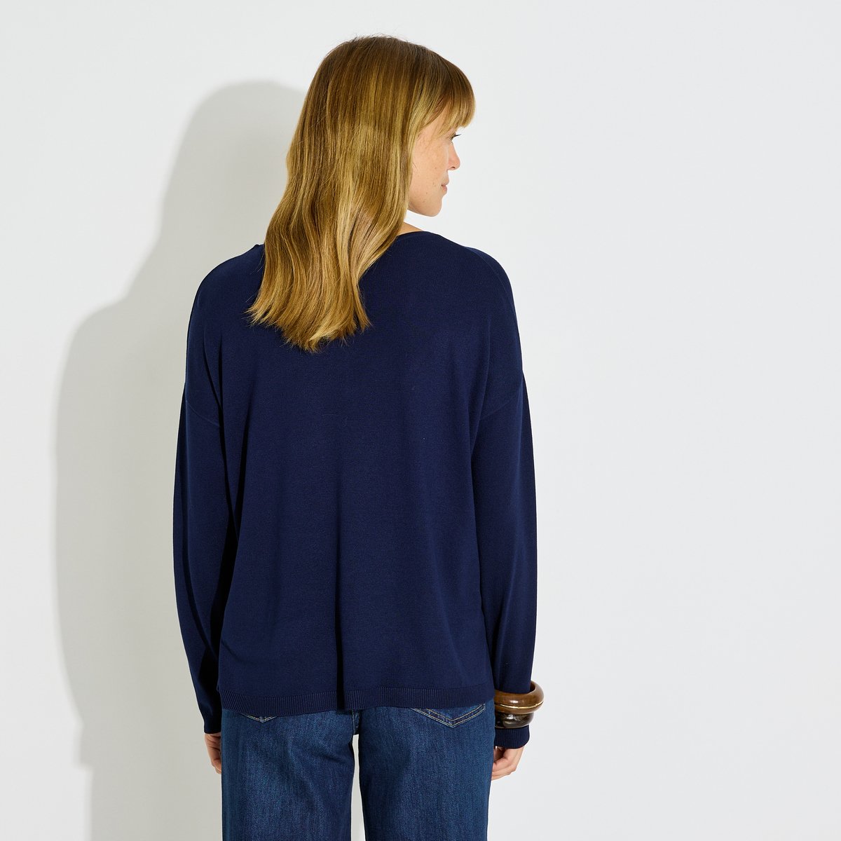 Pull ample col V encolure ajourée bleu marine, GRAIN DE MALICE