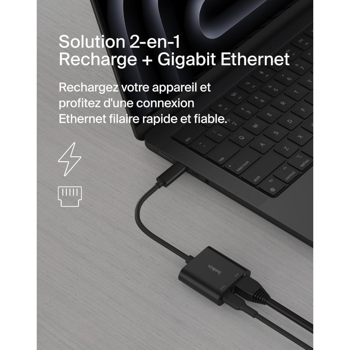 Adaptateur USB-C vers ethernet + recharge 100W couleur unique, BELKIN