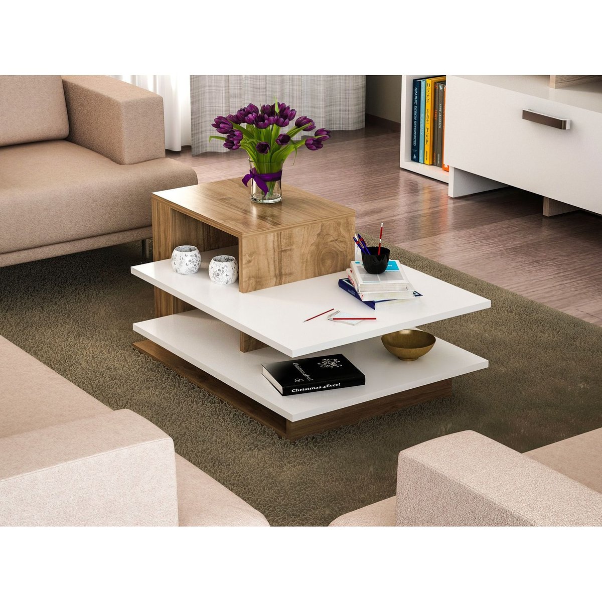 Table basse 2 niveaux et 1 étagère design scandinave VENÜS marron, TOILINUX