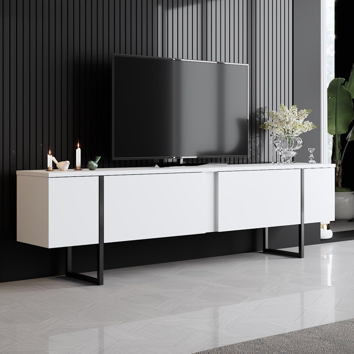 Meuble TV 2 portes rabattables L180 cm - LUXE blanc/ noir, CALICOSY