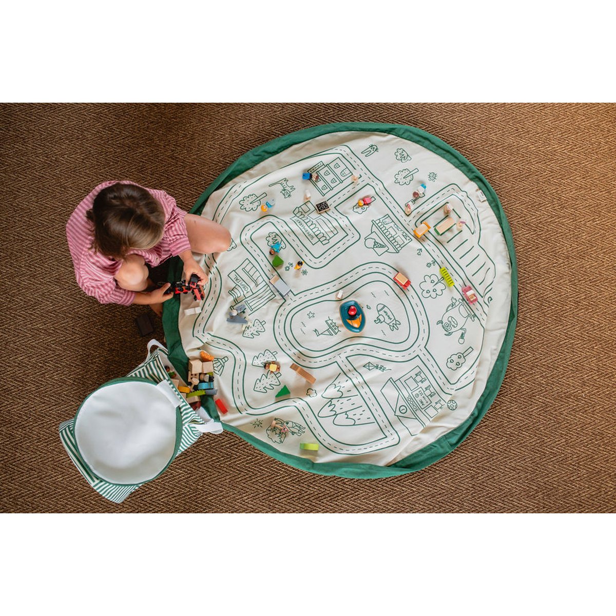 play&go - tapis de jeu & panier à jouets - roadmap ecru/vert, PLAY ET GO