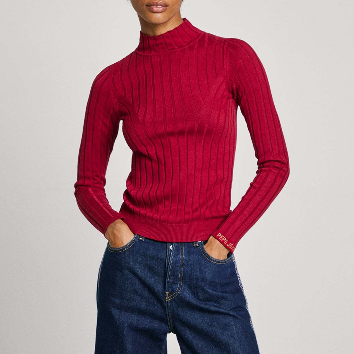 Pull À Col Montant En Maille Côtelée rouge brûlé, PEPE JEANS