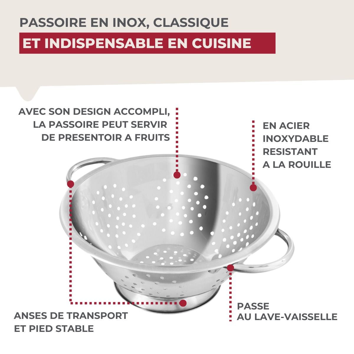 Passoire inox 24 cm avec anses gris, FACKELMANN