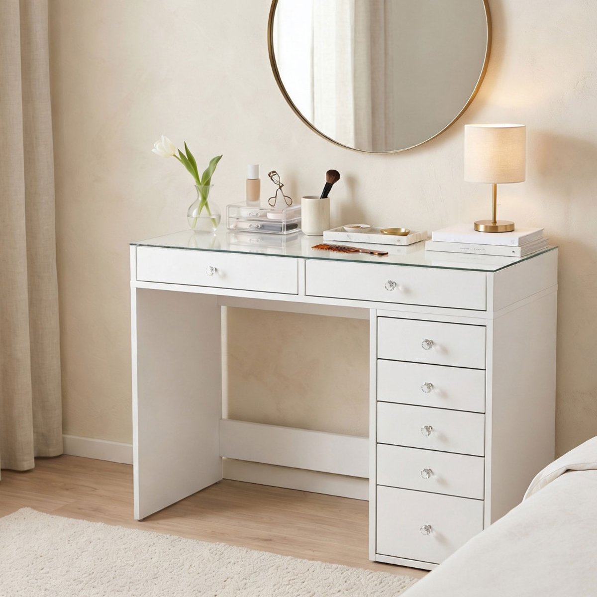 Coiffeuse 7 tiroirs avec plateau en verre L90cm- TIYA blanc, DRAWER
