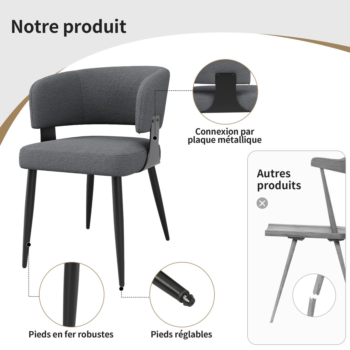Lot de 6 chaises de salle à manger style industriel en tissu, CASEMI gris, MEUBLES COSY