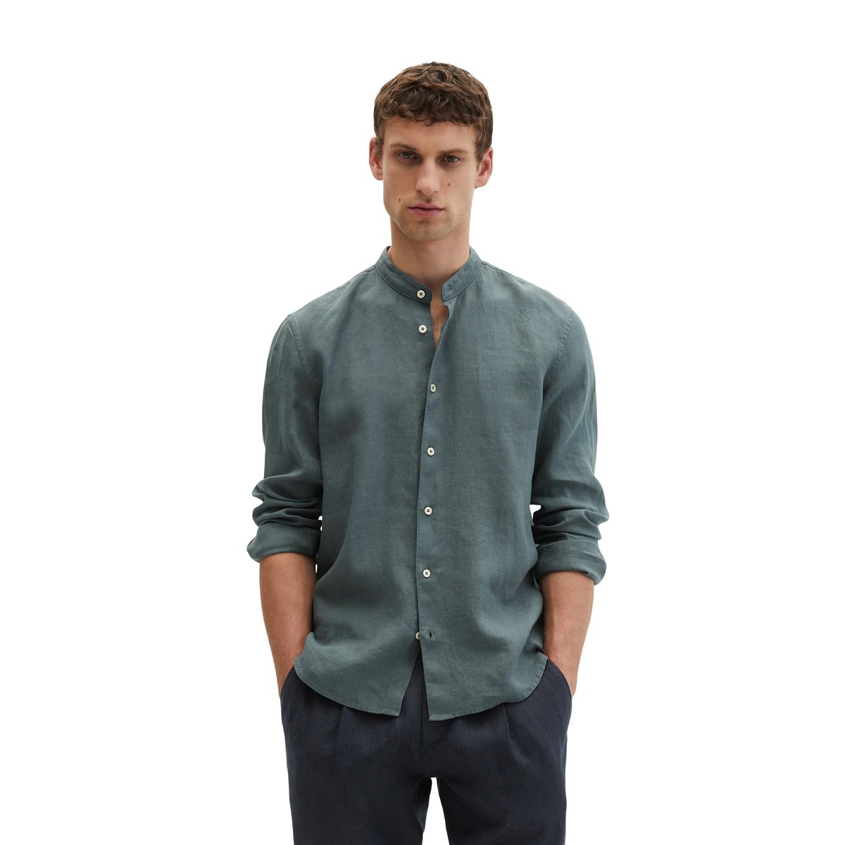 Chemise à col droit regular en pur lin anthracite, MARC O'POLO