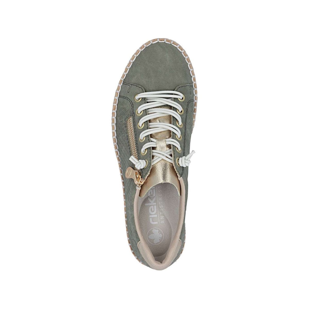 Tennis en cuir blanches à talon plat avec des lacets et un zip latéral vert, RIEKER