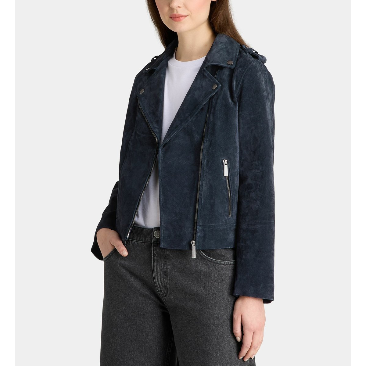 Blouson style motard pixie croûte de cuir bleu marine, GALERIES LAFAYETTE