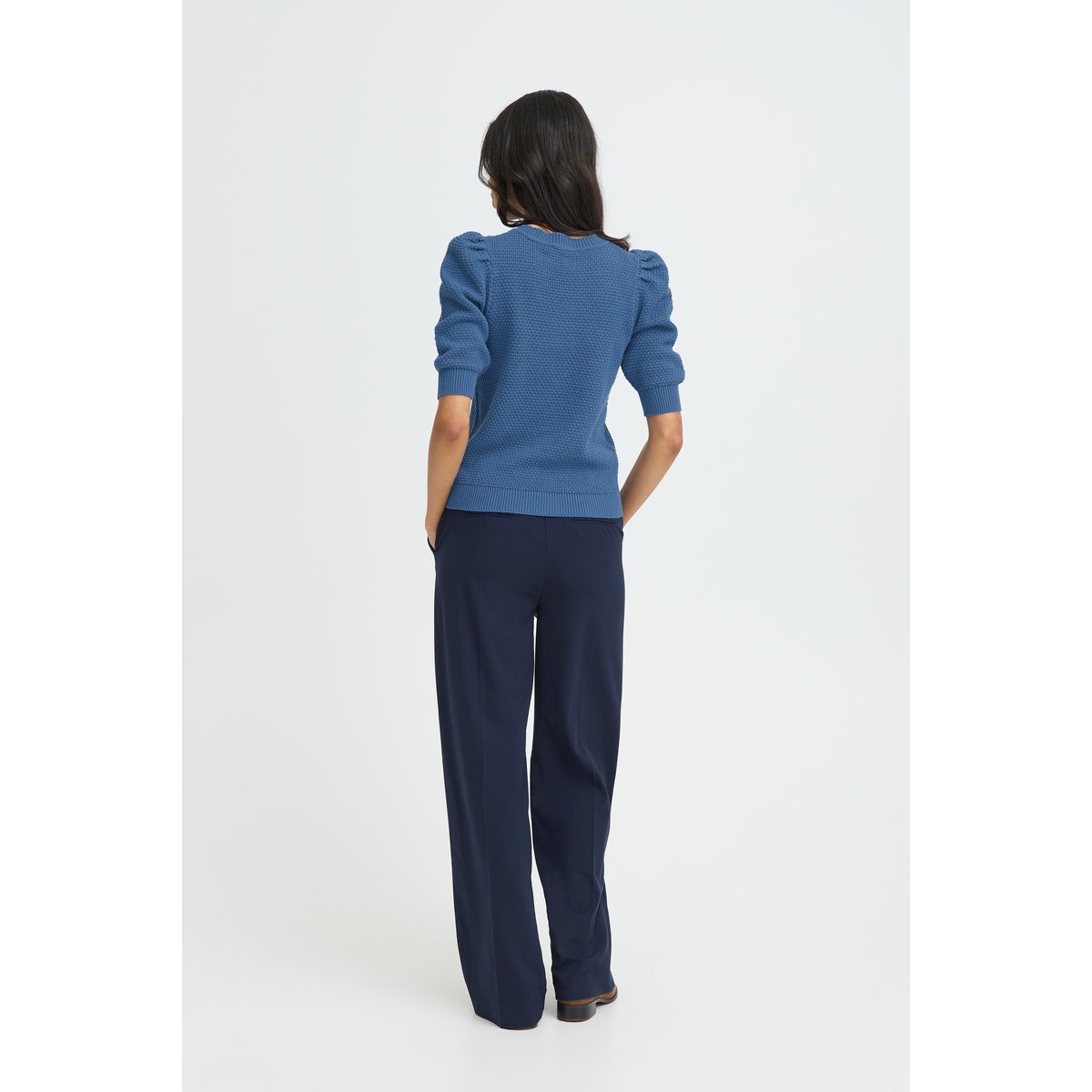 Pull en maille, manches 3/4, col rond bleu true navy, B.YOUNG