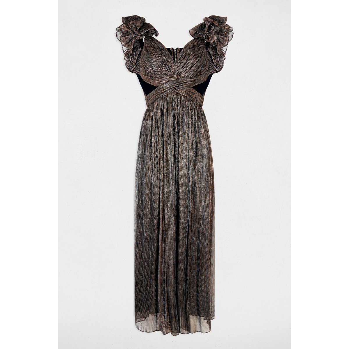 Robe longue col v couleur bronze, MORGAN