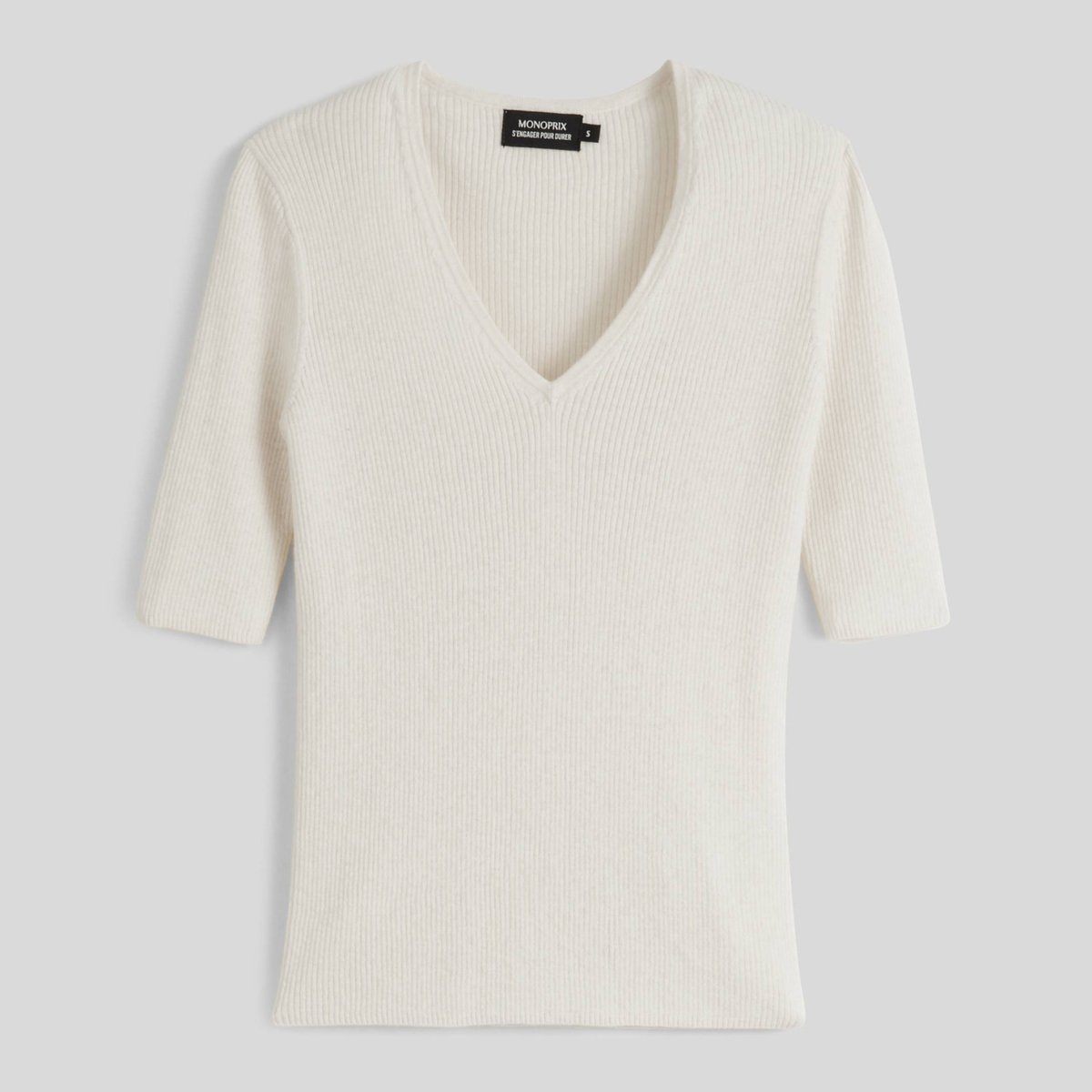 Pull manches coude à côtes en coton et cachemire naturel, MONOPRIX