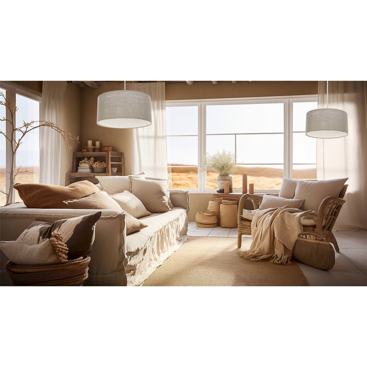 Suspension en lin rond Boho Elegant beige chanvre naturel avec rotin brun, BPS KONCEPT