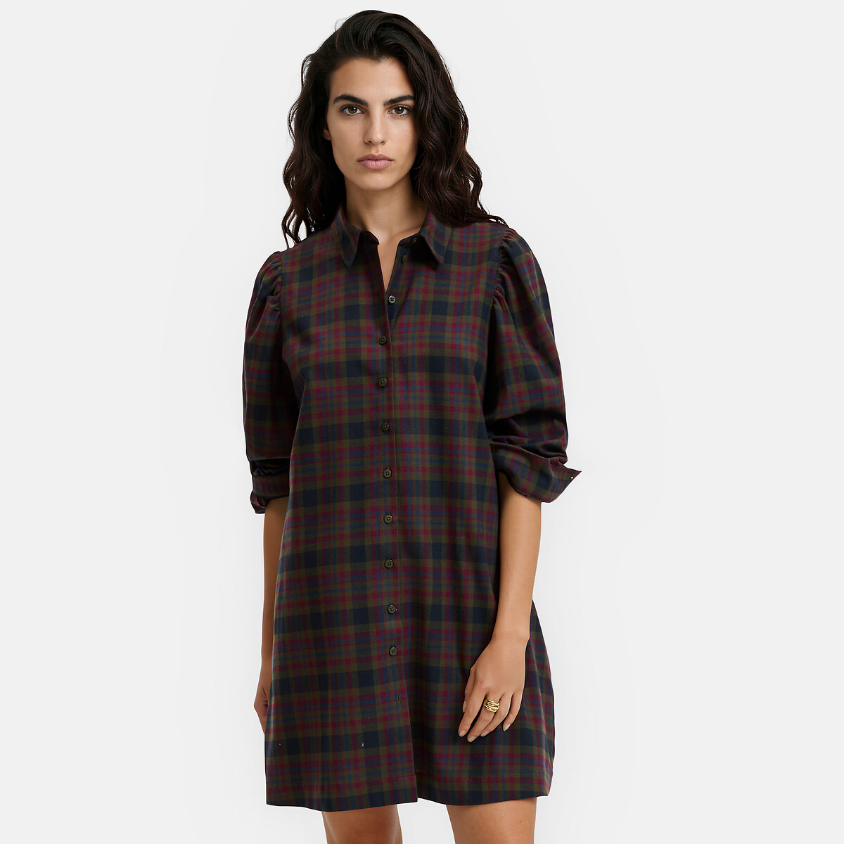 Robe courte à carreaux avec foulard carreaux bleu/bordeaux, LA REDOUTE COLLECTIONS