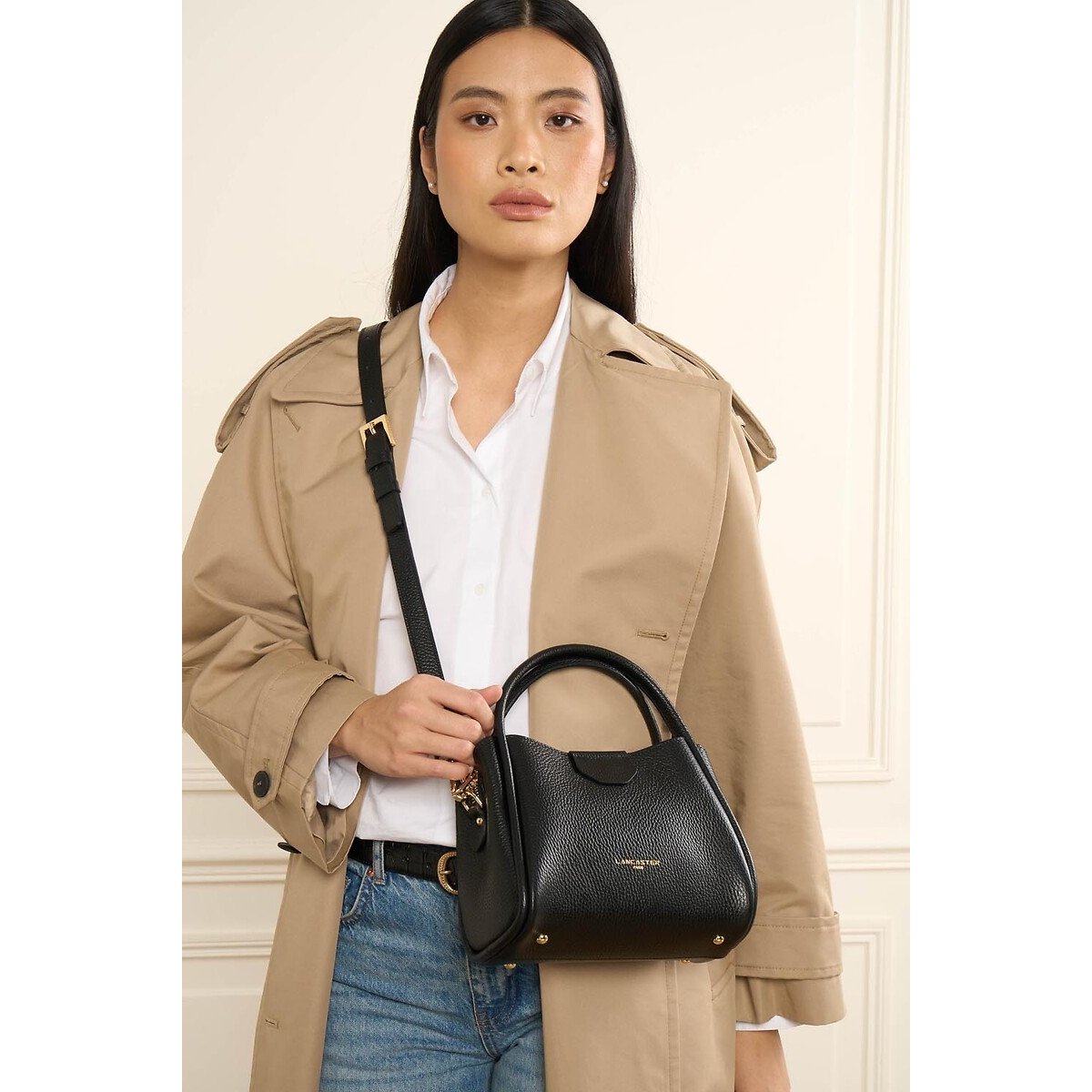 Sac à main en cuir grainé avec bandoulière noir, LANCASTER