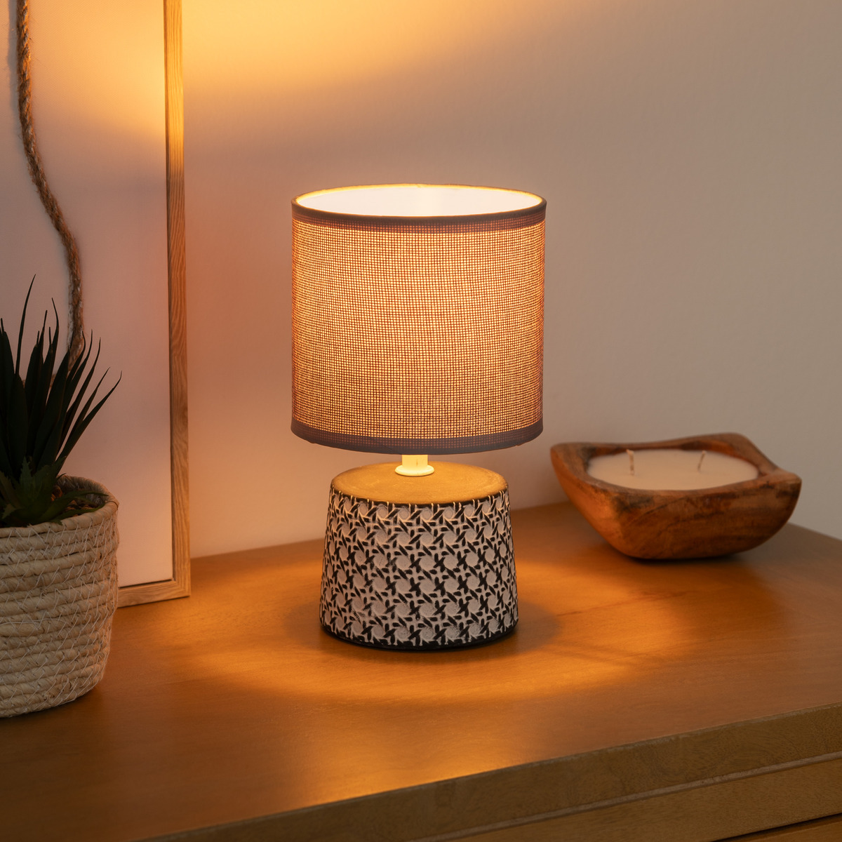 Lampe céramique grès design cannage YOJOA beige, ATMOSPHERA