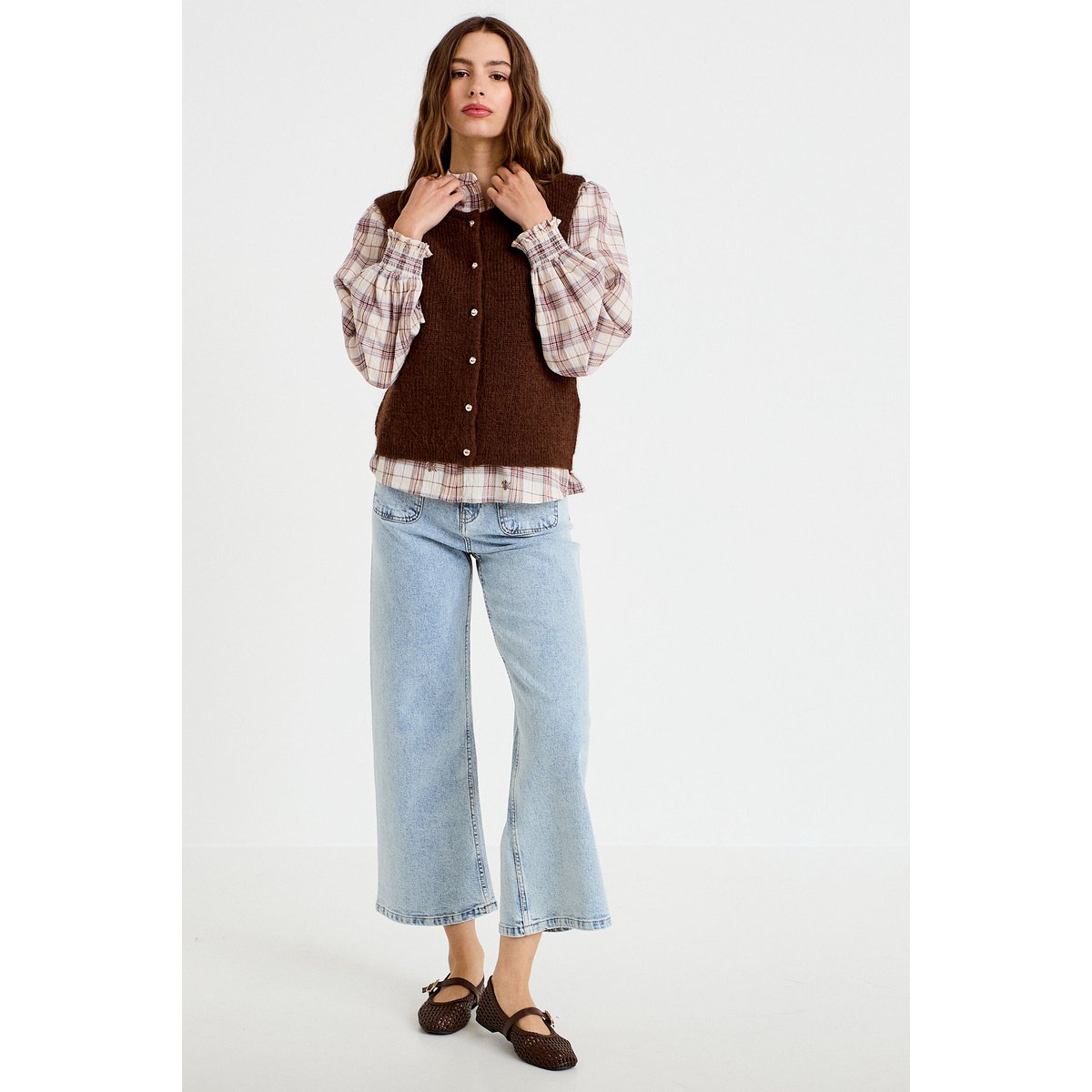 Blouse ample col montant manches longues beige, CACHE CACHE