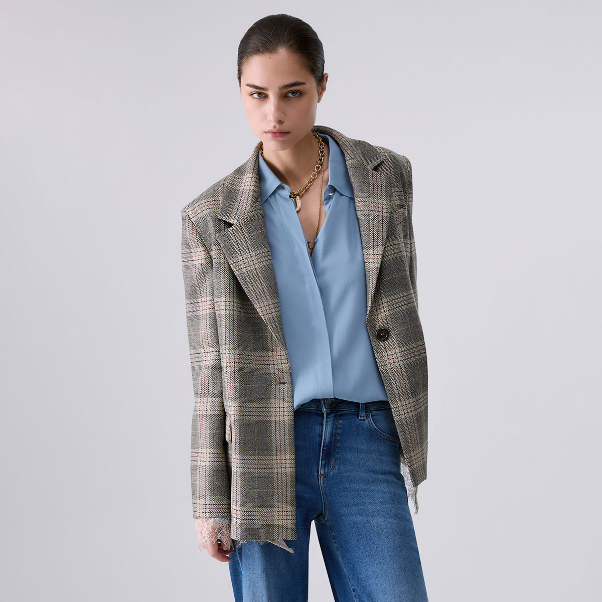 Blazer à carreaux avec détails en dentelle carreaux beiges, LIU JO