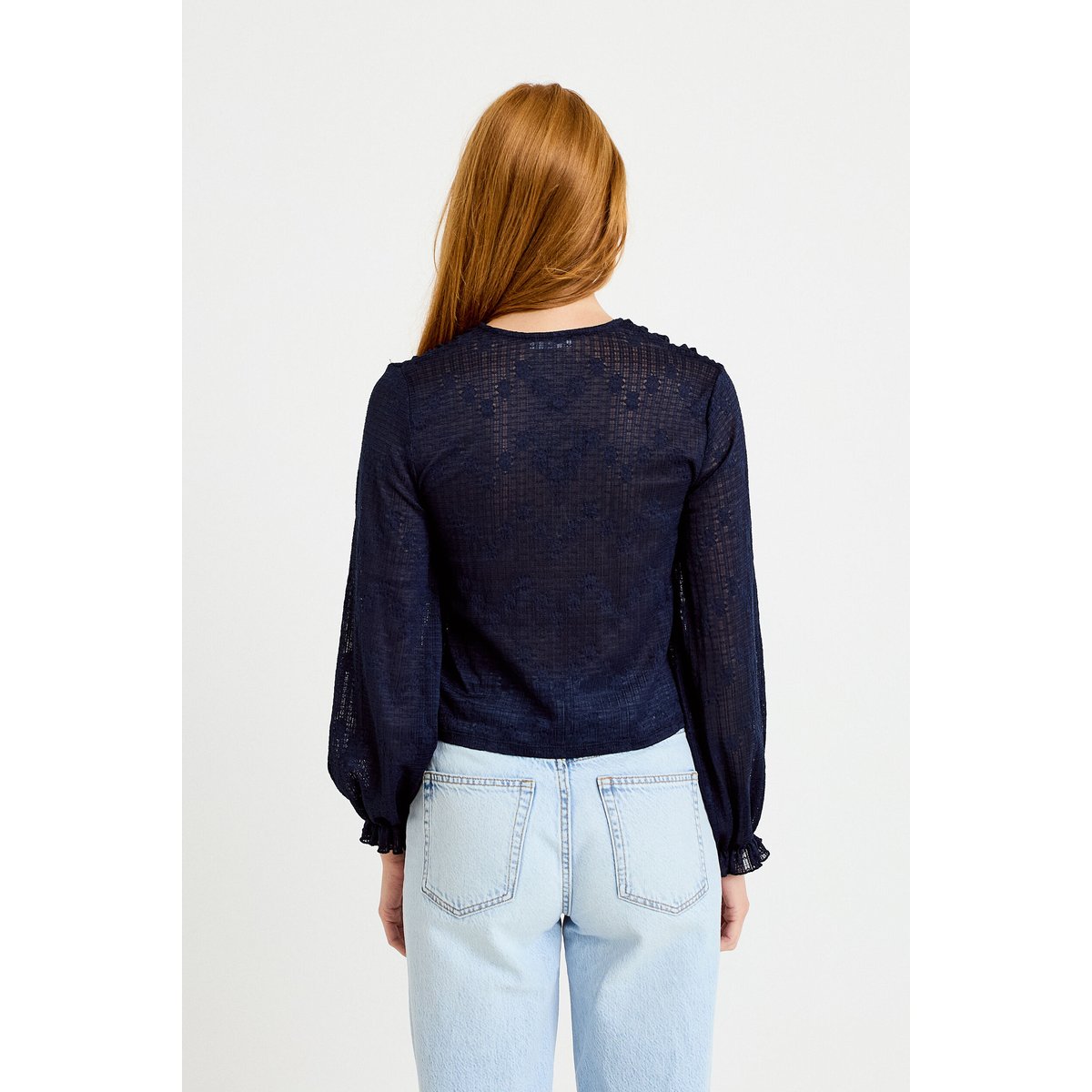 Blouse ajustée col v dentelle plissée bleu marine, CACHE CACHE