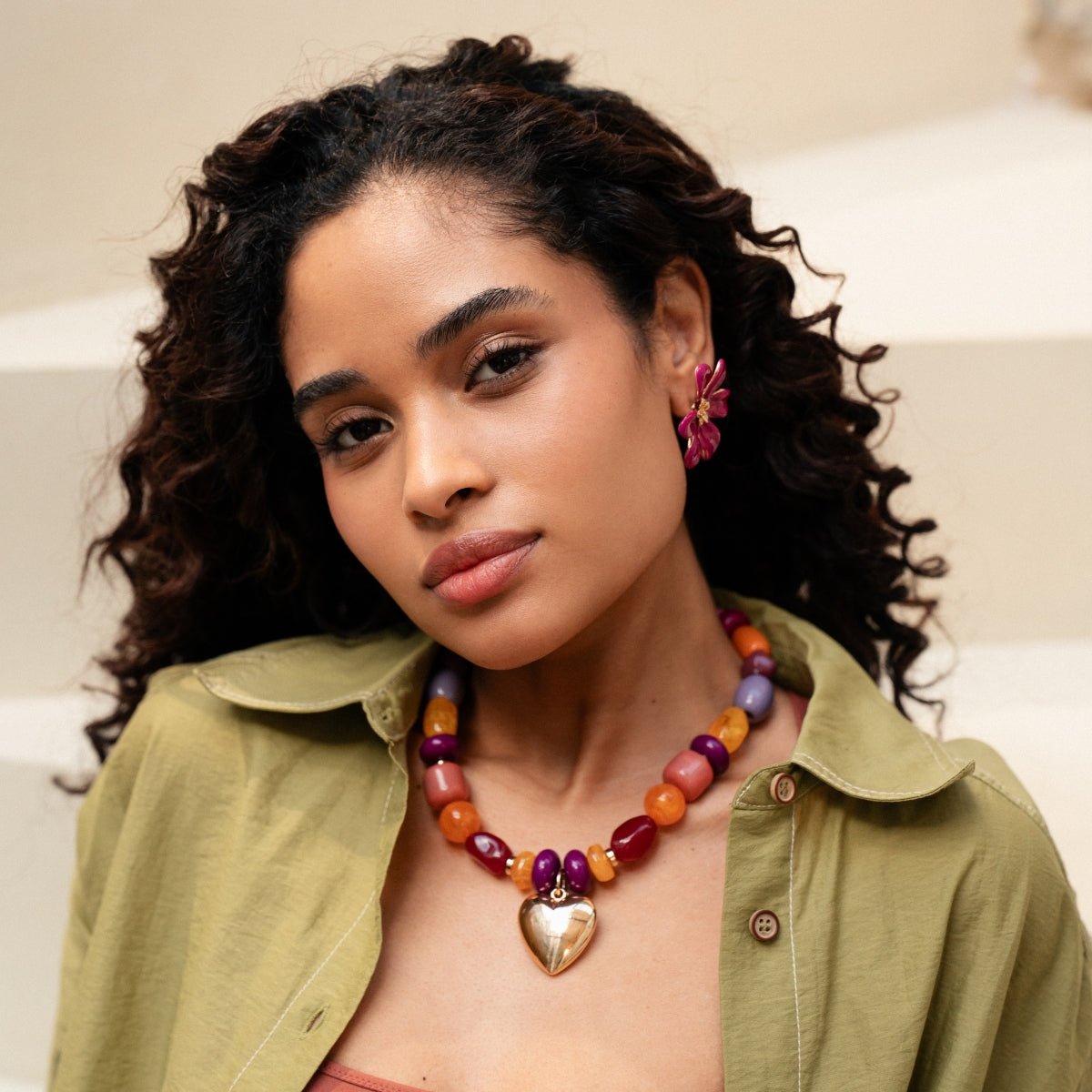 Collier de perles multicolores pendentif cœur multicolore, BALABOOSTE