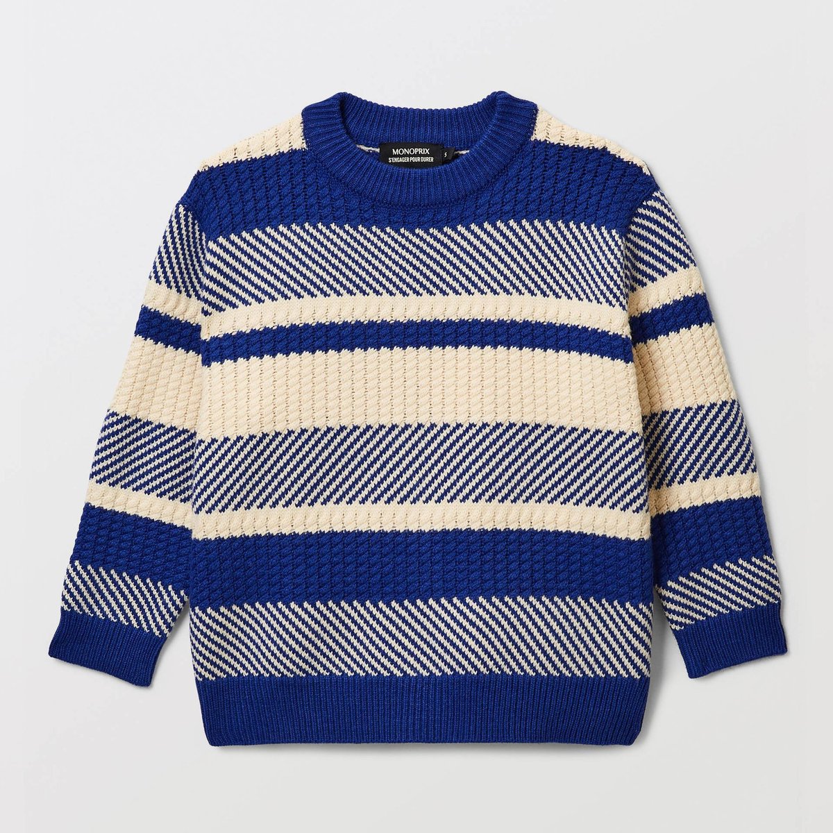 Pull rayé en coton bleu roi, MONOPRIX