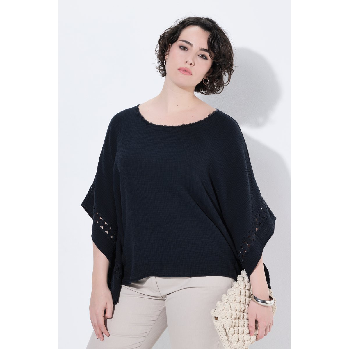 Blouse en mousseline oversize, dentelle gris graphite, ULLA POPKEN