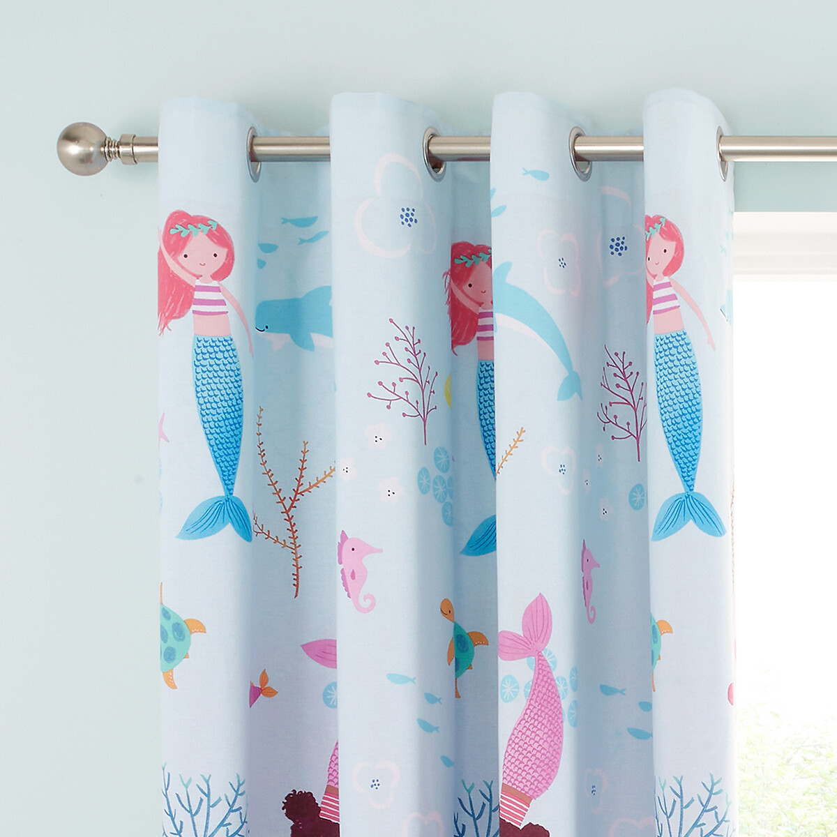 Mermaid Lined Cotton Eyelet Curtains light blue, CATHERINE LANSFIELD