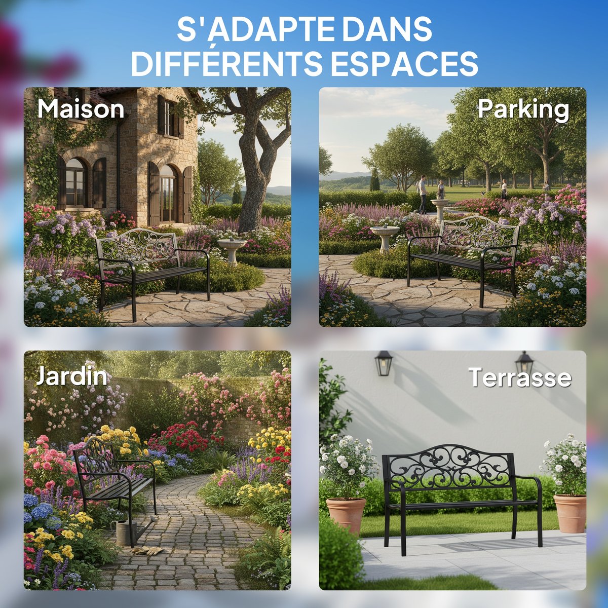 Banc de jardin Métal Noir noir, OUTSUNNY