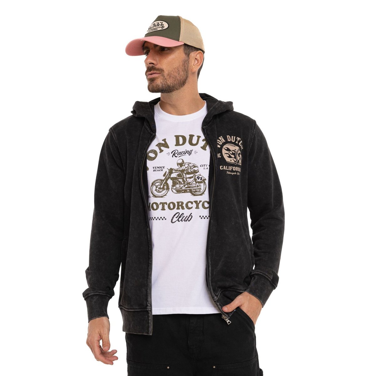 Sweat à capuche zippé VINY noir/beige, VON DUTCH