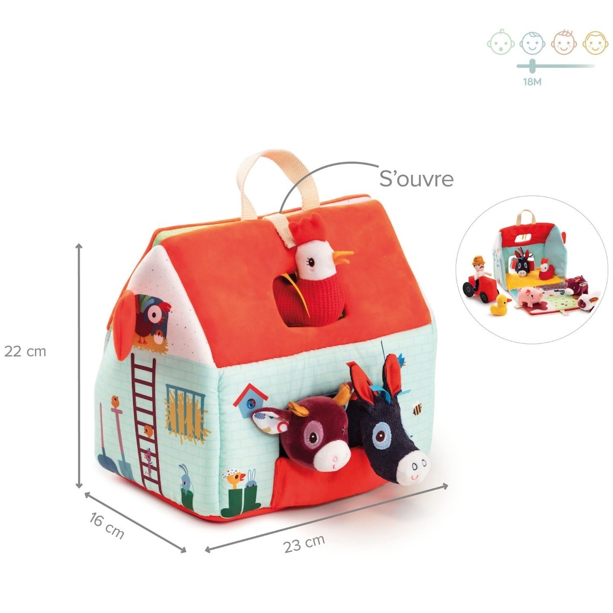 Peluche d'activités Ma première ferme orange, vert, bleu, LILLIPUTIENS
