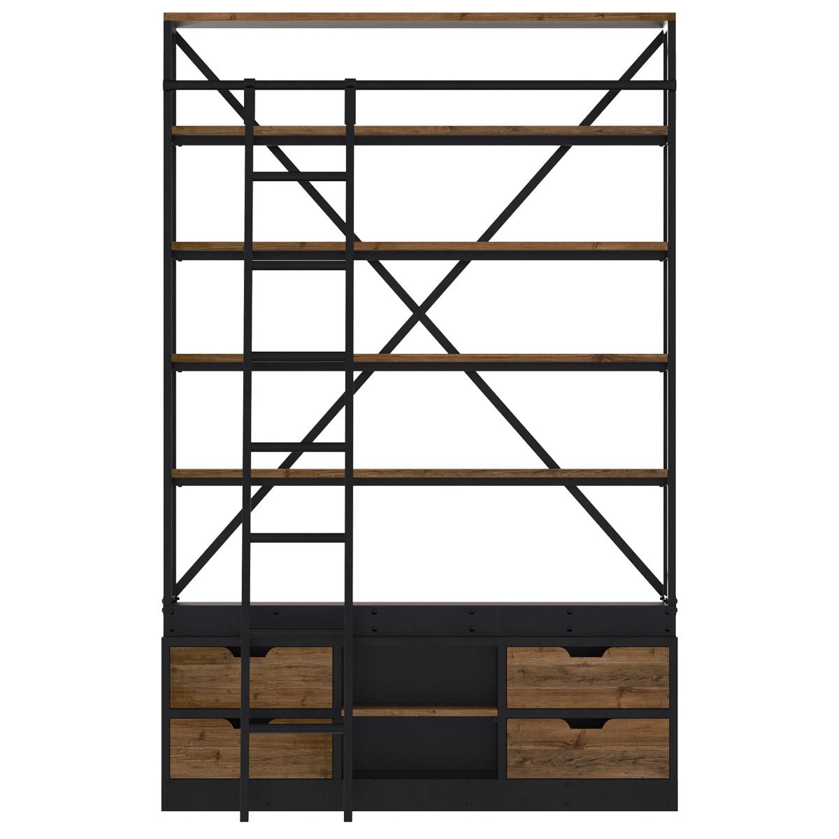 Bibliothèque 160 cm en bois et métal avec échelle, 4 tiroirs - KASI bois foncé et noir, MAISON PAVANE