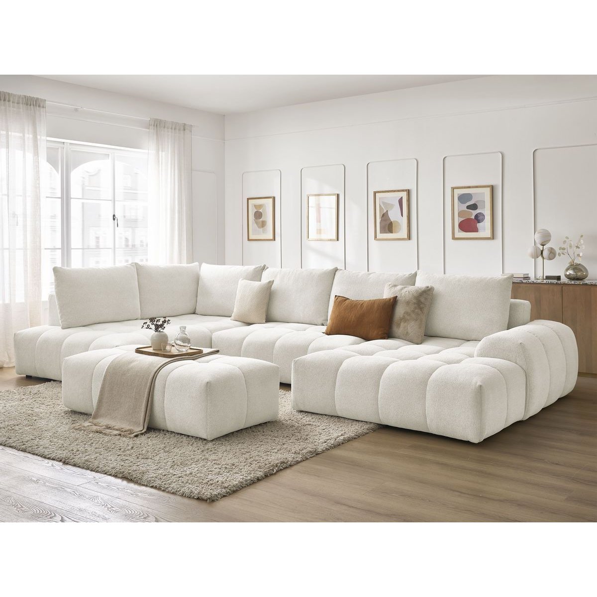 Canapé panoramique convertible 7 places en tissu chiné avec pouf, EVEREST blanc, BOBOCHIC