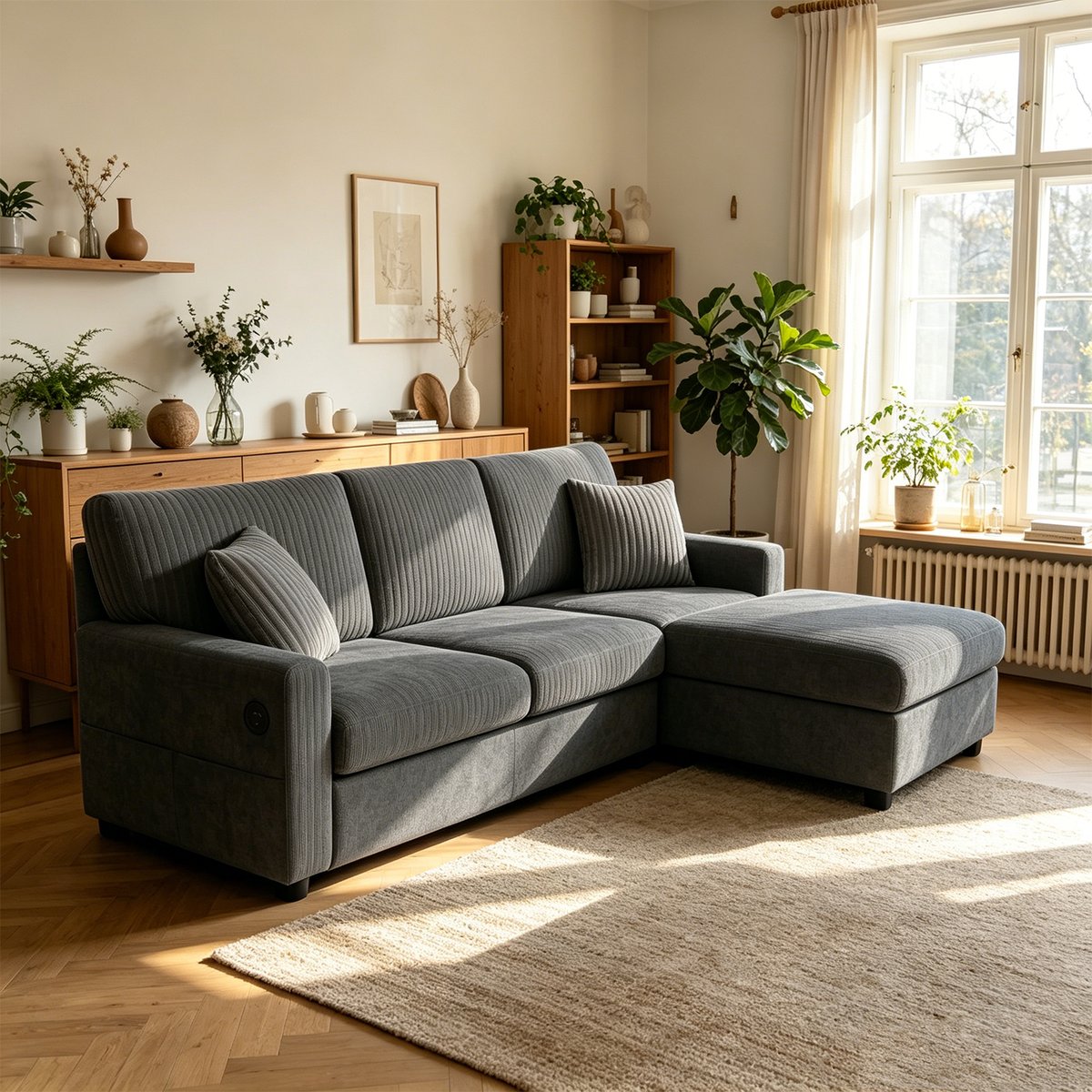 Canapé d'angle réversible chenille et côtelé, VASEA gris foncé, MEUBLES COSY