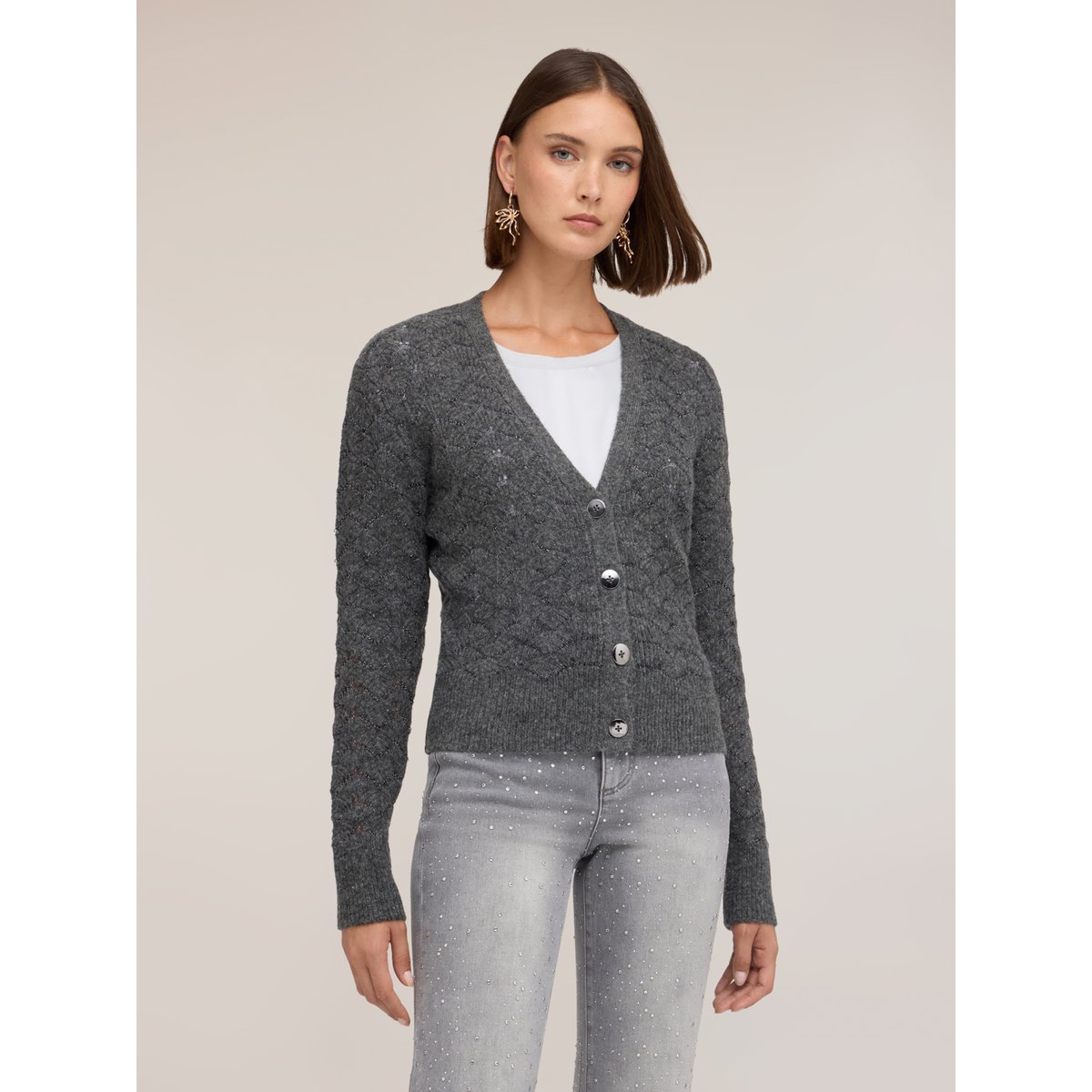 Cardigan court avec travail en éventail gris, MOTIVI