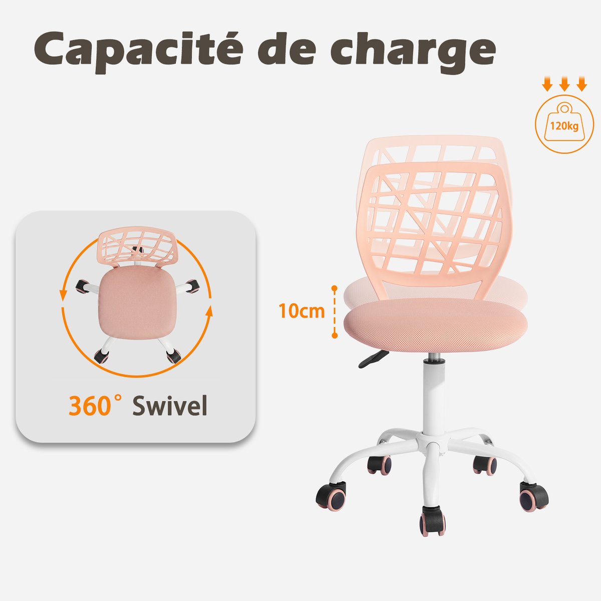 Chaise de bureau pivotante réglable en hauteur en maille, CARNATION PLICA rose blush, MEUBLES COSY
